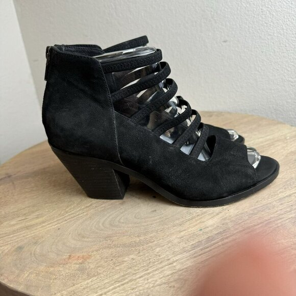 Eileen Fisher James Black Suede‎ Heeled Sandals Peep Toe Strappy Back Zip 8.5 - Picture 6 of 11